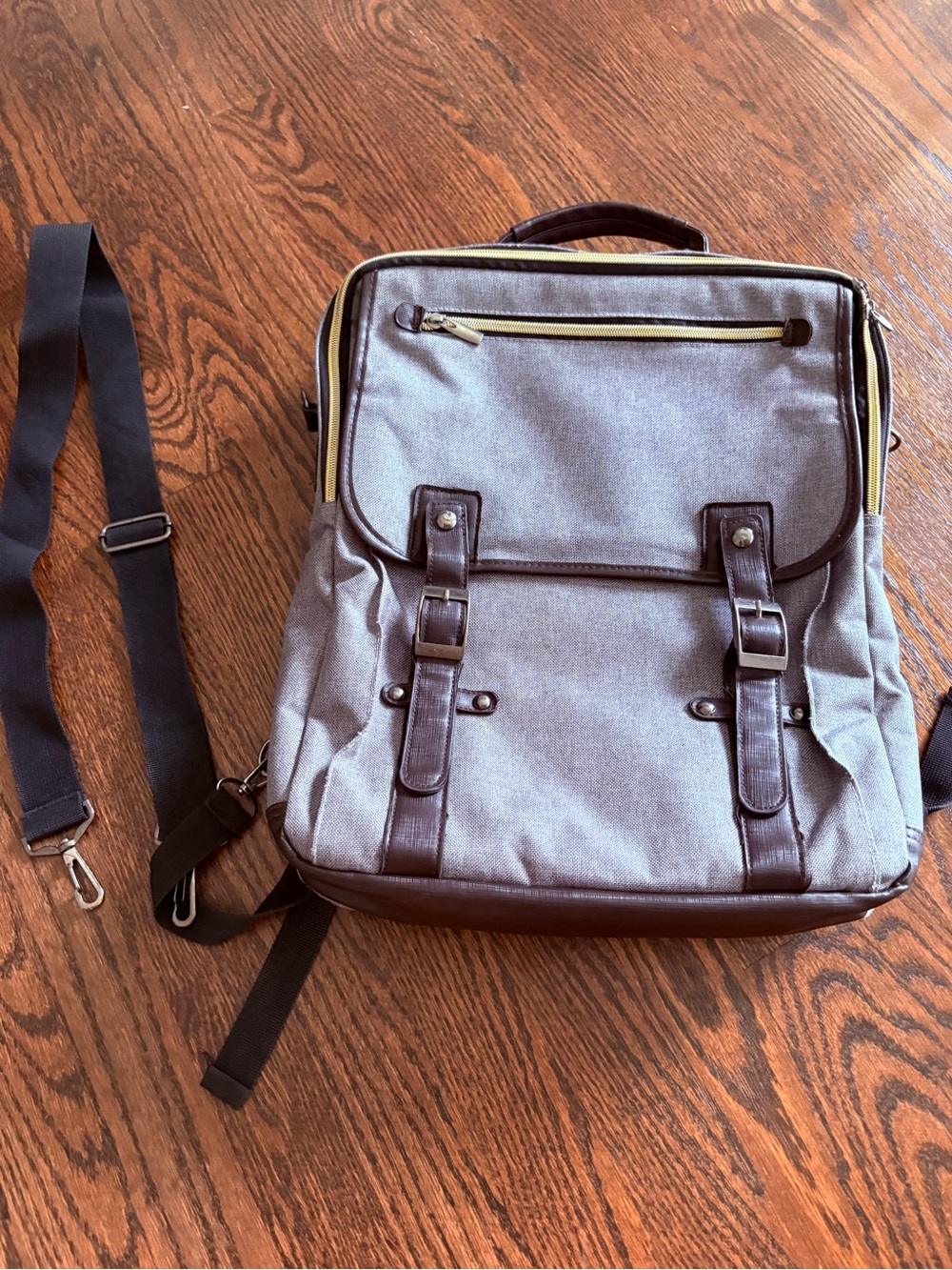 Unisex Gray Laptop Backpack with Yellow and Brown Trim and Accents